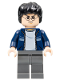 Minifig No: hp116  Name: Harry Potter - Dark Blue Open Jacket with Stripe, Dark Bluish Gray Legs
