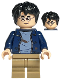 Minifig No: hp326  Name: Harry Potter - Dark Blue Open Jacket over Sand Blue Shirt with Dirt Stains, Dark Tan Medium Legs, Grin / Stern