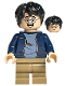 Minifig No: hp364  Name: Harry Potter, Dark Blue Open Jacket with Tears and Blood Stains, Dark Tan Medium Legs, Smile / Open Mouth with Teeth