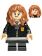 Minifig No: hp439  Name: Hermione Granger - Gryffindor Robe Clasped, Black Skirt, Black Short Legs with Dark Bluish Gray Stripes, Open Mouth Smile / Confused