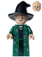 Minifig No: hp473  Name: Professor Minerva McGonagall - Dark Green Robe over Black Dress, Hat with Hair, Printed Arms