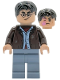 Minifig No: hp528  Name: Harry Potter - Dark Brown Open Jacket, Sand Blue Legs, Bright Pink Stinging Jinx Face