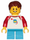 Minifig No: idea051  Name: Boy, Freckles, Classic Space Shirt with Red Sleeves, Dark Azure Short Legs, Reddish Brown Hair Short Tousled with Side Part