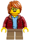 Minifig No: idea055  Name: Child - Boy, Dark Red Jacket, Dark Tan Short Legs, Dark Orange Tousled Hair, Glasses