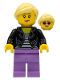 Minifig No: idea081  Name: Woman, Black Leather Jacket, Medium Lavender Legs, Bright Light Yellow Hair
