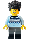 Minifig No: idea149  Name: Camper - Female, Bright Light Blue Knit Fair Isle Sweater, Dark Bluish Gray Legs with Black Boots, Black Hair
