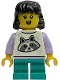 Minifig No: idea243  Name: Child - Girl, White Top with Raccoon, Dark Turquoise Short Legs, Black Midlength Hair, Hearing Aid