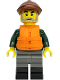 Minifig No: idea247  Name: Fisher - Dark Green Open Jacket, Dark Bluish Gray Legs with Black Boots, Reddish Brown Flat Cap, Orange Life Jacket