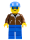 Minifig No: jbr008  Name: Jacket Brown - Blue Legs, Blue Sunglasses, Blue Cap