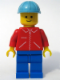 Minifig No: jred013  Name: Jacket Red with Zipper - Red Arms - Blue Legs, Maersk Blue Construction Helmet