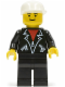 Minifig No: lea002  Name: Leather Jacket with Zippers - Black Legs, White Cap