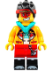 Minifig No: mk047  Name: Monkie Kid - Bright Light Orange Open Jacket with Monkey Head Logo, Dark Turquoise Hood, Neutral / Angry with Red Face Paint
