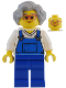 Minifig No: njo0835  Name: Street Vendor - Female, Blue Overalls over V-Neck Shirt, Blue Legs, Light Bluish Gray Hair, Glasses