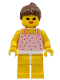 Minifig No: par017  Name: Red Dots on Pink Shirt - Yellow Legs, Brown Ponytail Hair, Open Mouth
