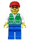 Minifig No: pck001  Name: Jacket Green with 2 Large Pockets - Blue Legs, Red Cap