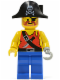 Minifig No: pi075  Name: Pirate Shirt with Knife, Blue Legs, Black Pirate Hat with Skull