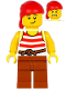 Minifig No: pi187  Name: Pirate - Red Bandana, White Shirt with Red Stripes, Dark Orange Legs