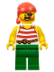 Minifig No: pi190  Name: Pirate - Male, Red Bandana, White Shirt with Red Stripes, Green Legs, Eye Patch