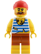 Minifig No: pi201  Name: Pirate - Male, White Shirt with Tattered Hem and Blue Stripes, Dark Orange Shorts, Full Beard, Red Bandana