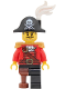 Minifig No: pi203  Name: Pirate Captain - Male, Pearl Gold Epaulettes, Red Coat with White Ruffled Collar, Black Leg and Reddish Brown Peg Leg, White Plume, Black Bicorne with Skull and Cutlasses