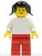 Minifig No: pln030  Name: Plain White Torso with White Arms, Red Legs, Black Pigtails Hair