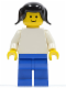 Minifig No: pln107  Name: Plain White Torso with White Arms, Blue Legs, Black Pigtails Hair