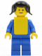 Minifig No: pln108  Name: Plain Blue Torso with Blue Arms, Blue Legs, Black Pigtails Hair, Yellow Vest