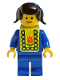 Minifig No: pln108s  Name: Plain Blue Torso with Blue Arms, Blue Legs, Black Pigtails Hair, Yellow Vest with Baby Bib Pattern (Stickers)