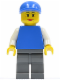 Minifig No: pln116  Name: Plain Blue Torso with White Arms, Dark Bluish Gray Legs, Blue Short Bill Cap, Female Dual Sided Head