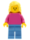 Minifig No: pln185  Name: Plain Dark Pink Torso with Dark Pink Arms, Medium Blue Legs, Bright Light Yellow Female Hair Mid-Length