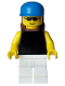 Minifig No: pln195  Name: Plain Black Torso with Yellow Arms and Hands, White Legs, Sunglasses, Blue Cap, Brown Backpack