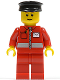 Minifig No: post010b  Name: Post Office White Envelope and Stripe, Red Legs, Black Hat, Reddish Brown Eyebrows