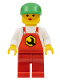 Minifig No: rep002  Name: Repair - Overalls Red with Wrench Pattern, Red Legs, Green Cap, Female