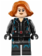 Minifig No: sh0186  Name: Black Widow - Black Jumpsuit, Dark Orange Short Hair, Printed Legs, Dark Azure Trim