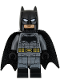 Minifig No: sh0437  Name: Batman - Dark Bluish Gray Suit, Gold Belt, Black Hands, Large Bat Logo, Printed Legs, Stubble