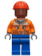 Minifig No: sh0547  Name: Dock Worker - Male, Orange Safety Jacket, Reflective Stripe, Sand Blue Hoodie, Blue Legs, Red Construction Helmet, Reddish Brown Head