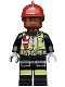 Minifig No: sh0579  Name: Firefighter - Dark Red Fire Helmet, Reddish Brown Head, Reflective Stripes