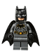 Minifig No: sh0589  Name: Batman - Dark Bluish Gray Suit with Gold Outline Belt and Crest, Mask and Cape (Type 3 Cowl, Tear-Drop Neck Cut Spongy Cape)