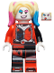 Minifig No: sh0650  Name: Harley Quinn - Bright Light Yellow Hair, Jacket Open, Corset