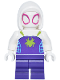 Minifig No: sh1024  Name: Ghost-Spider (Gwen Stacy) - Dark Purple Medium Legs, White Basic Smooth Hood, Lime Spider Logo