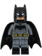Minifig No: sh437  Name: Batman - Dark Bluish Gray Suit, Gold Belt, Black Hands, Large Bat Logo, Printed Legs, Stubble