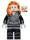 Minifig No: sh629  Name: Black Widow - Black Jumpsuit, Dark Orange Mid-Length Hair, Printed Legs, Dark Bluish Gray Hands