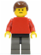 Minifig No: soc005  Name: Plain Red Torso with Red Arms, Dark Gray Legs, Brown Male Hair