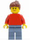 Minifig No: soc115  Name: Plain Red Torso with Red Arms, Sand Blue Legs, Reddish Brown Ponytail Hair (Soccer Fan)
