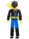 Minifig No: tech002a  Name: Technic Figure Blue Legs, Black Top with Zippered Wetsuit Pattern (Diver) with Diving Tank, Hose, and Mask