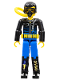 Minifig No: tech002as  Name: Technic Figure Blue Legs, Black Top with Zippered Wetsuit and Knife and 'DIVING' Pattern (Stickers) - Diver with Diving Tank, Hose, and Mask