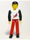 Minifig No: tech004  Name: Technic Figure Red Legs, White Top with Red Triangle, Black Arms