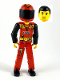 Minifig No: tech023as  Name: Technic Figure Red Legs, Red Top with Black 'FIRE', Black Arms (Fireman), Red Helmet with Flame, Black Visor - With Sticker