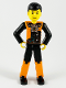 Minifig No: tech027  Name: Technic Figure Orange/Black Legs, Orange Torso with Silver Pattern, Black Arms, Black Hair