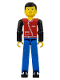 Minifig No: tech031  Name: Technic Figure Blue Legs, Red Top with Zipper, Black Arms, Black Hair